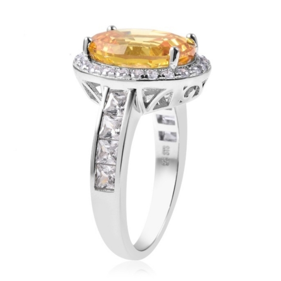 Citrine LS Swarovski Baguette Crystals Platinum Silver Halo Ring - Picture 15 of 16
